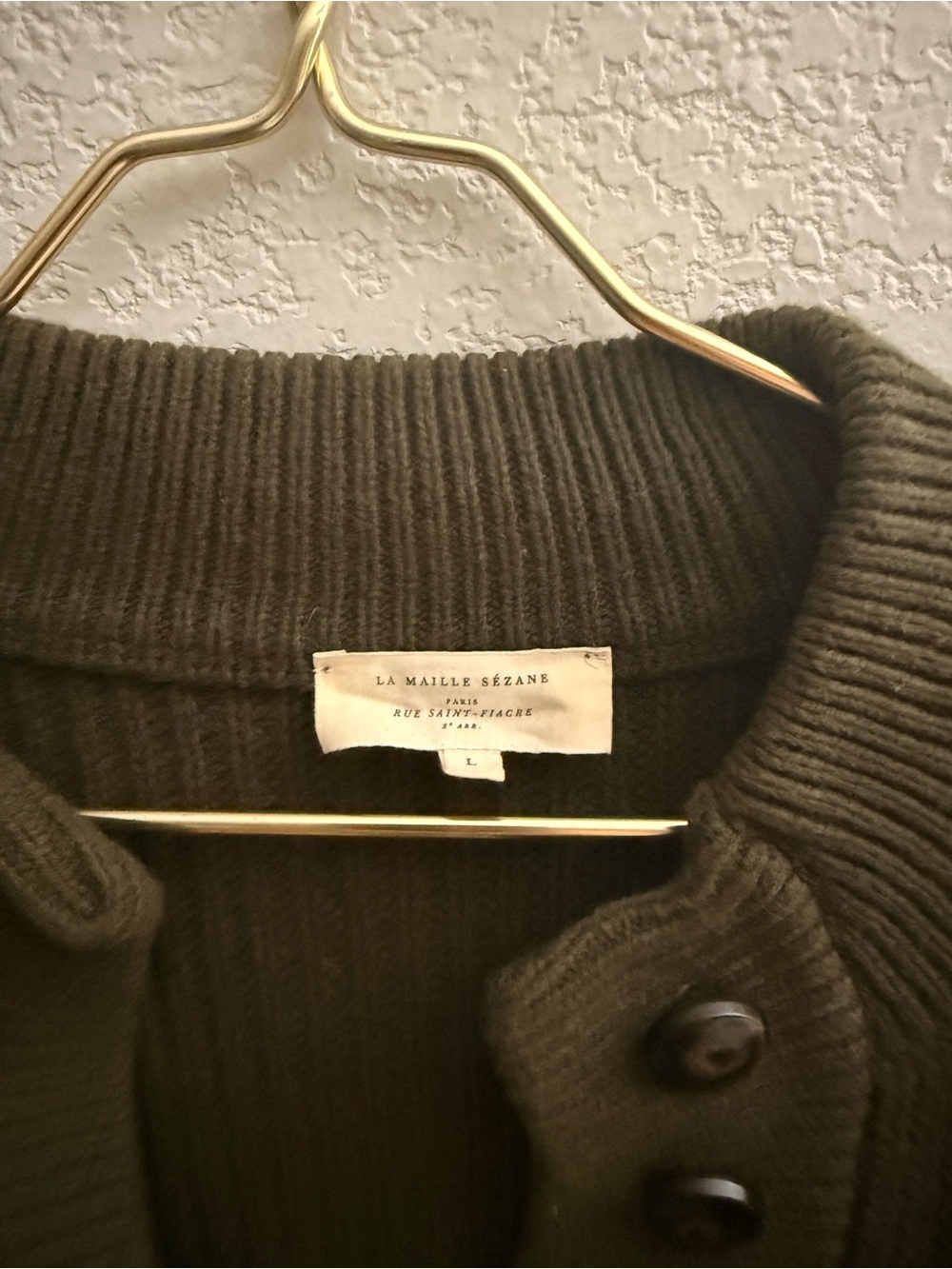 Sezane Olive Green Button-Placket Crewneck Sweater - Picture 3 of 3